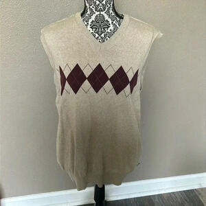 Izod Golf Men's Argyle Sweater Vest V Neck Size Large 100% Cotton Tan ⭐
